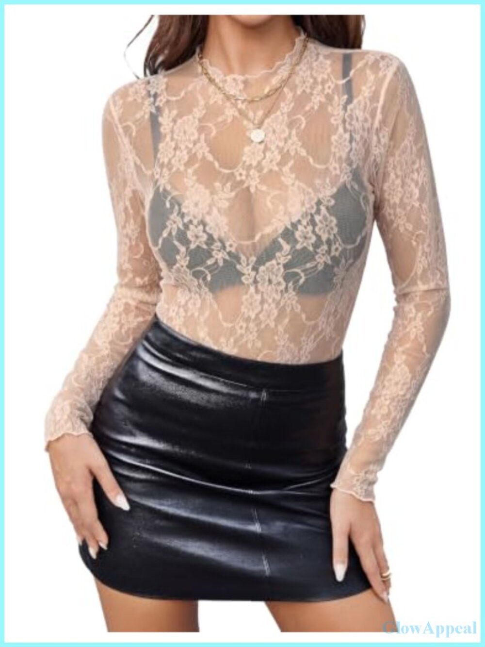 Women's Mesh Long Sleeve Mock Neck See Through Blouse Slim Fit